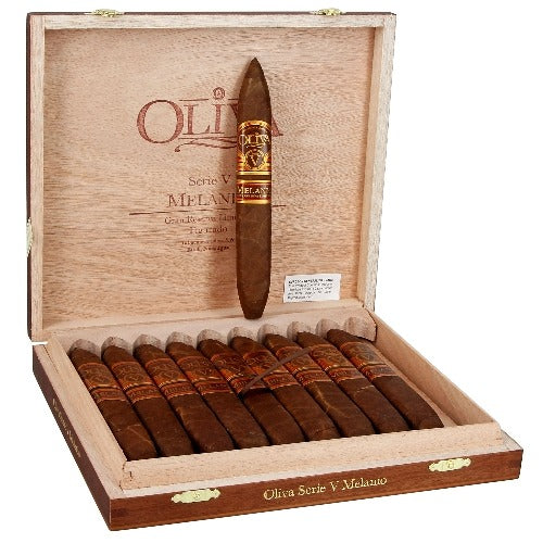 Oliva Series V Melanio Gran Reserva Limitada Figurado cigar, a full-bodied smoke with dark chocolate, espresso, and spice flavors, wrapped in an Ecuadorian Sumatra leaf | Best cigar price in Durham | CigarHaus