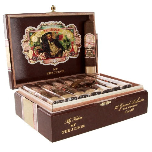 My Father The Judge Grand Robusto cigar, a full-bodied smoke with dark chocolate, black pepper, and leather flavors, wrapped in a dark Ecuadorian Sumatra leaf | My Father cigars near me | CigarHaus