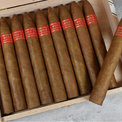 Partagas Serie P No. 2 cigar, a full-bodied Cuban torpedo with leather, oak, pepper, butterscotch, roasted nuts, and orange peel flavors | Best cigars in Durham | CigarHaus
